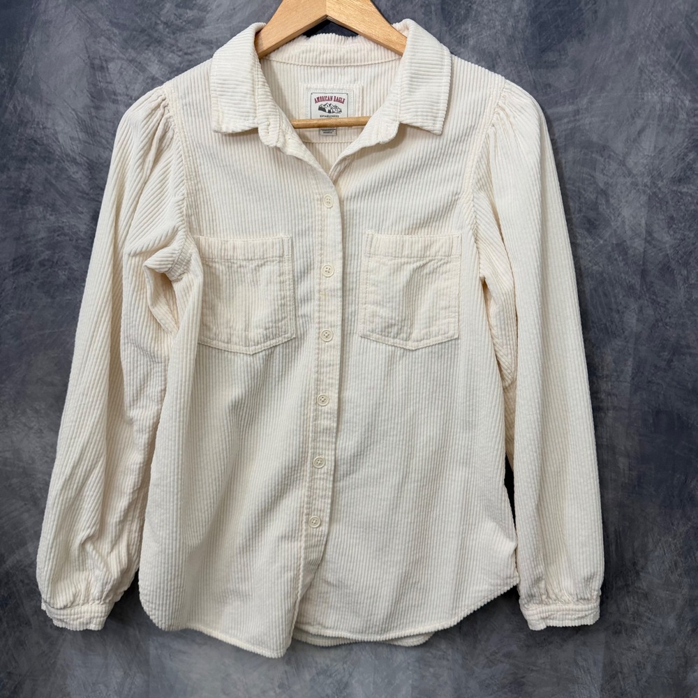 American Eagle Ivory Corduroy Puff Sleeve Button Down Womens XS Cottage Fall
